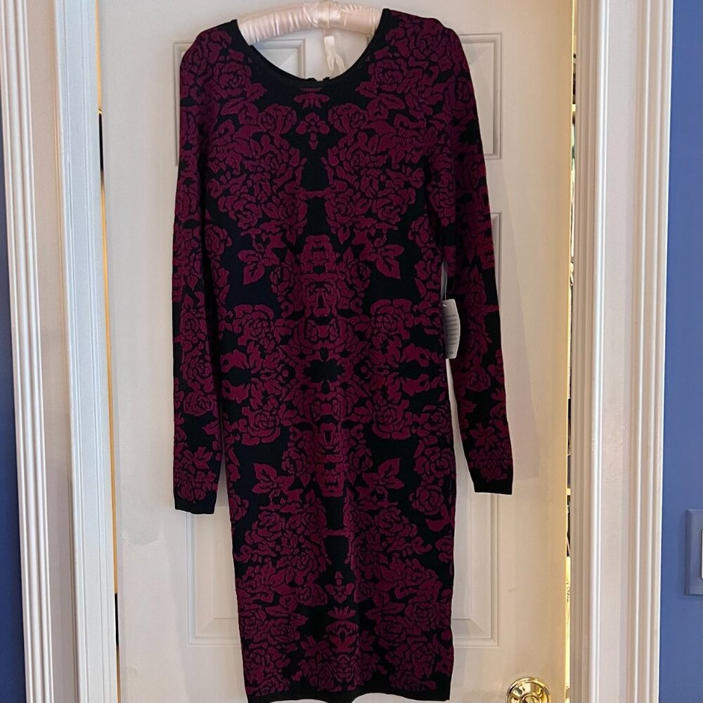 Felicity and Coco Red/Black Floral Print Bodycon Dress, Size Large, NWT